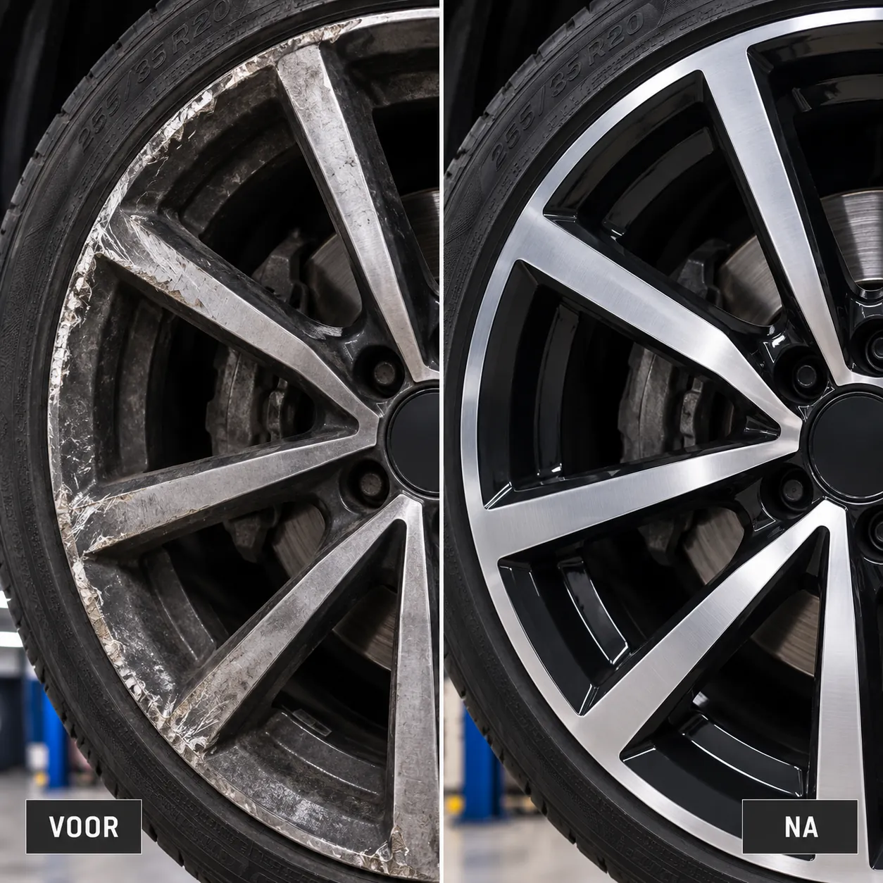 Velg voor en na renovatie: beschadigd en daarna diamond-cut afgewerkt