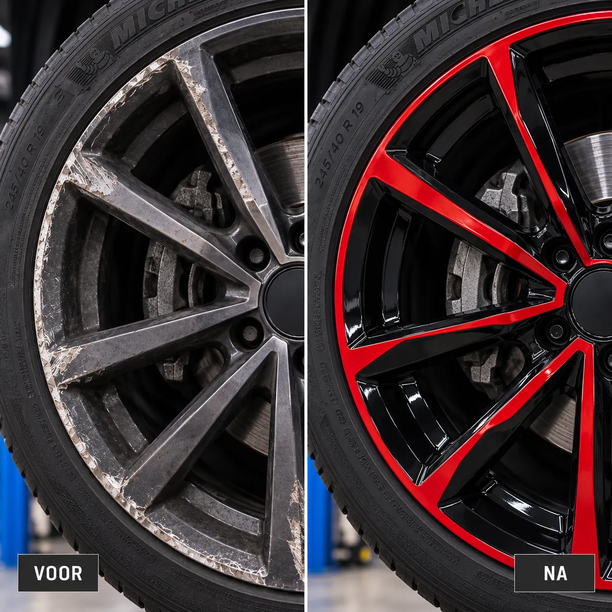 Velg voor en na renovatie: beschadigd en daarna zwart met rood gepoedercoat